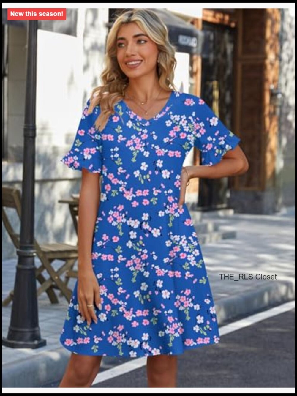 Ruffle Short Sleeve V-Neck Floral A-Line Dress with Pockets - Picture 3 of 7